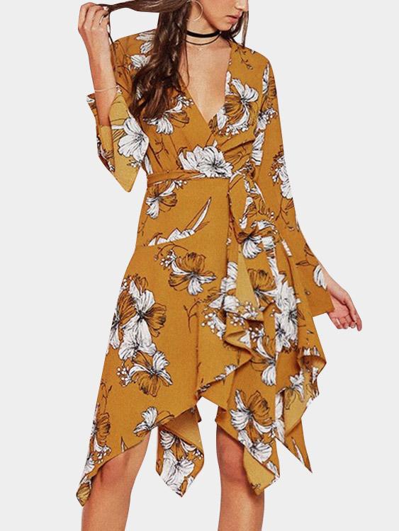 Wholesale Yellow Deep V Neck Long Sleeve Floral Print Crossed Front Slit Irregular Hem Mini Dress