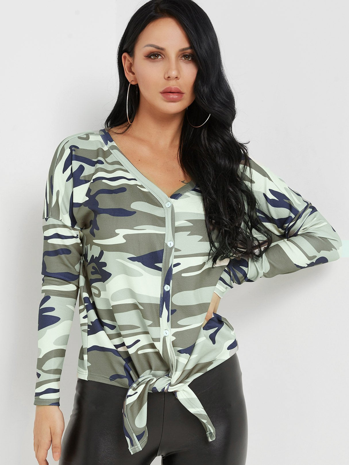 Wholesale V-Neck Camouflage Tie-Up Long Sleeve Camouflage Top