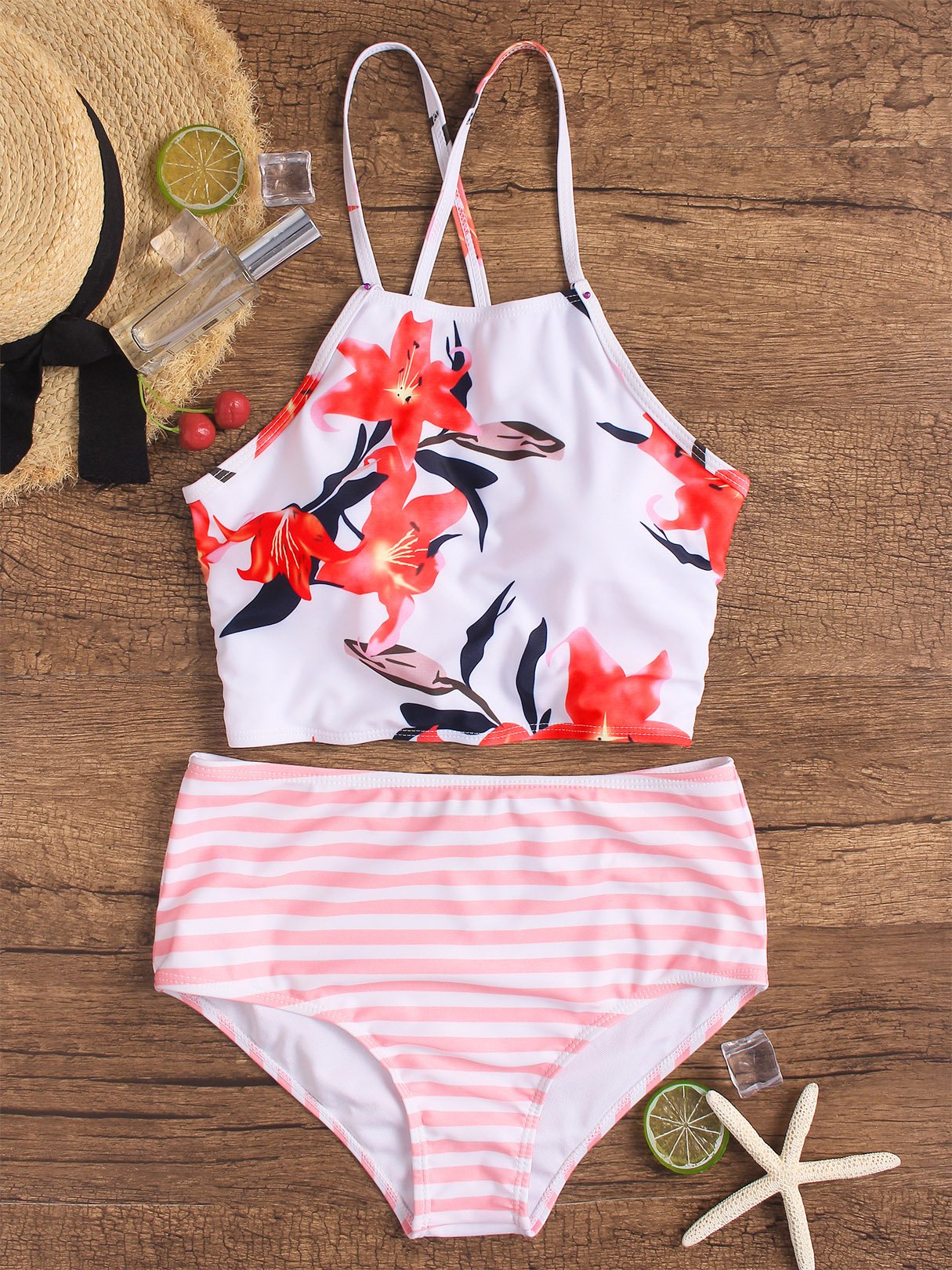 Wholesale Halter Sleeveless Stripe Floral Print Self-Tie 2 Piece Bikinis