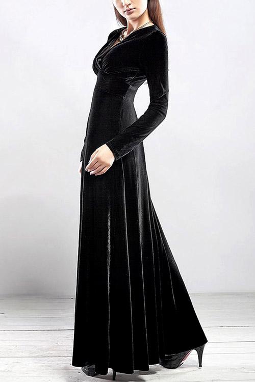 Wholesale V-Neck Wrap Long Sleeve Black Maxi Dress