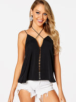 Wholesale Halter V-Neck Plain Backless Hollow Lace-Up Spaghetti Strap Sleeveless Black Camis