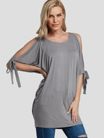 Wholesale Round Neck Cut Out Pleated Half Sleeve Grey T-Shirts