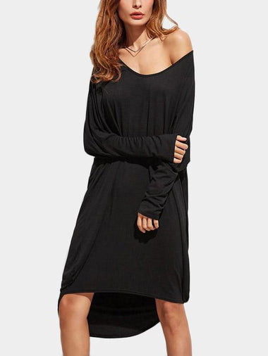Wholesale Scoop Neck Plain Long Sleeve Curved Hem Black Casual Dresses