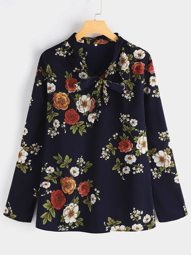 Wholesale Floral Print Self-Tie Long Sleeve Plus Size Tops