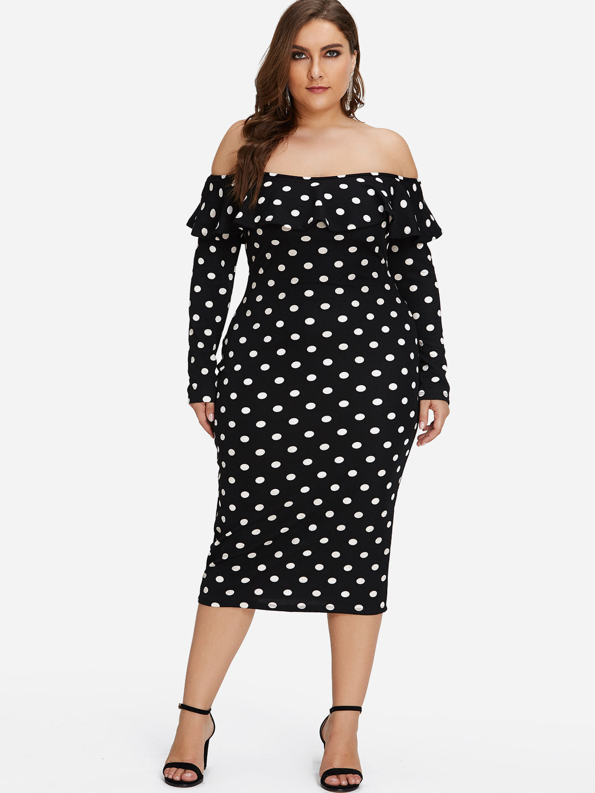 Wholesale Off The Shoulder Polka Dot Ruffle Trim Long Sleeve Black Plus Size Dress