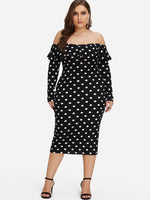 Wholesale Off The Shoulder Polka Dot Ruffle Trim Long Sleeve Black Plus Size Dress