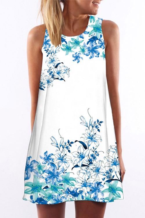 Wholesale Round Neck Floral Print Sleeveless Dresses