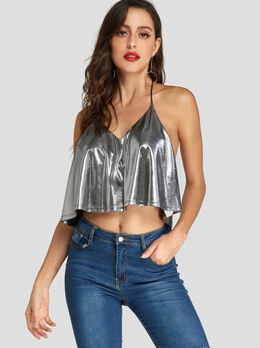 Wholesale Halter Plain Backless Sequins Embellished Sleeveless Silver Camis
