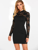 Wholesale Black Long Sleeve Plain Lace Cut Out See Through Sexy Dresses