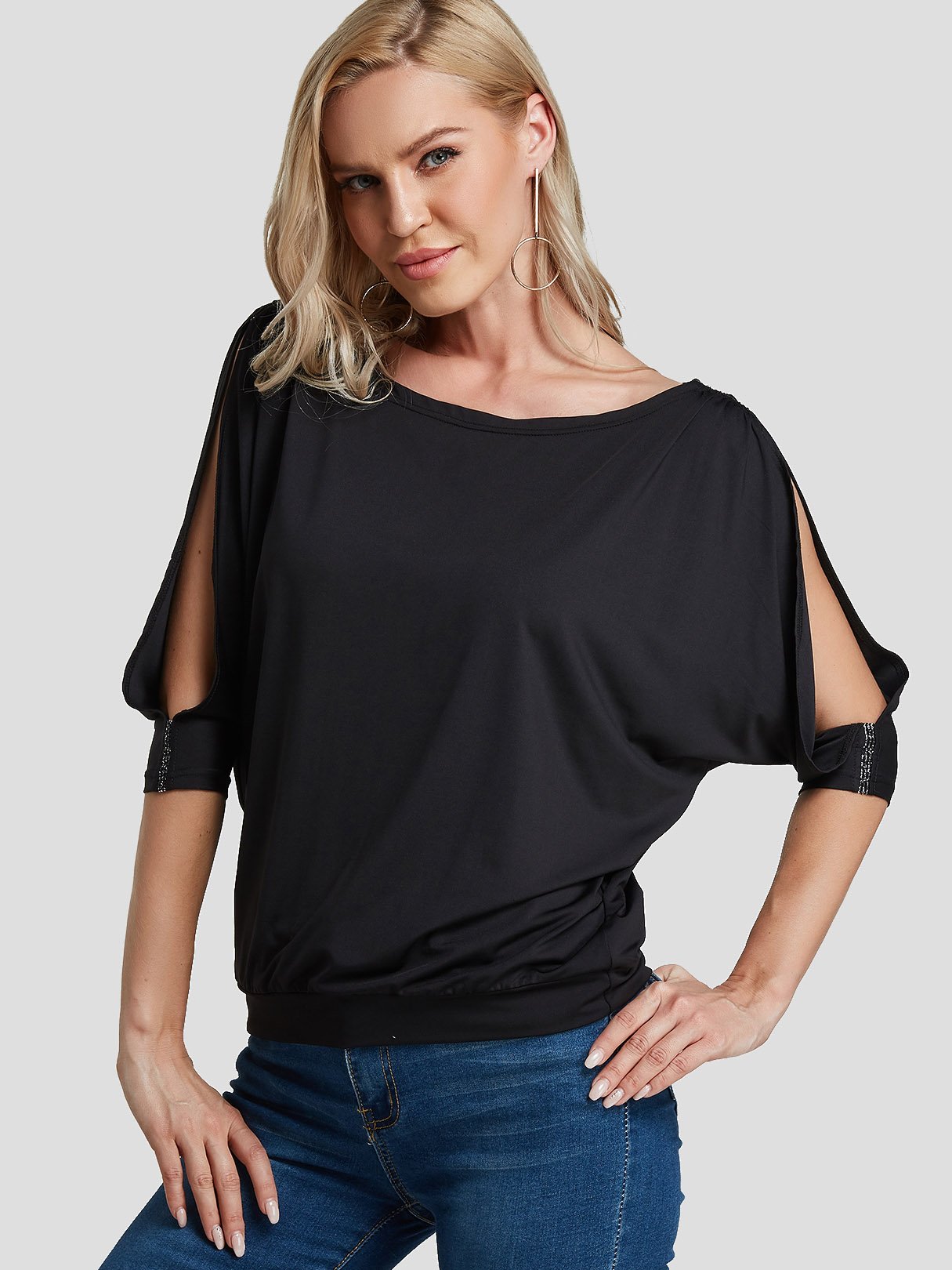 Wholesale Round Neck Plain Cut Out Half Sleeve Black T-Shirts