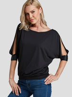 Wholesale Round Neck Plain Cut Out Half Sleeve Black T-Shirts