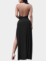 Wholesale Black Halter Deep V Neck Sleeveless Plain Backless Cut Out Slit Hem Dresses