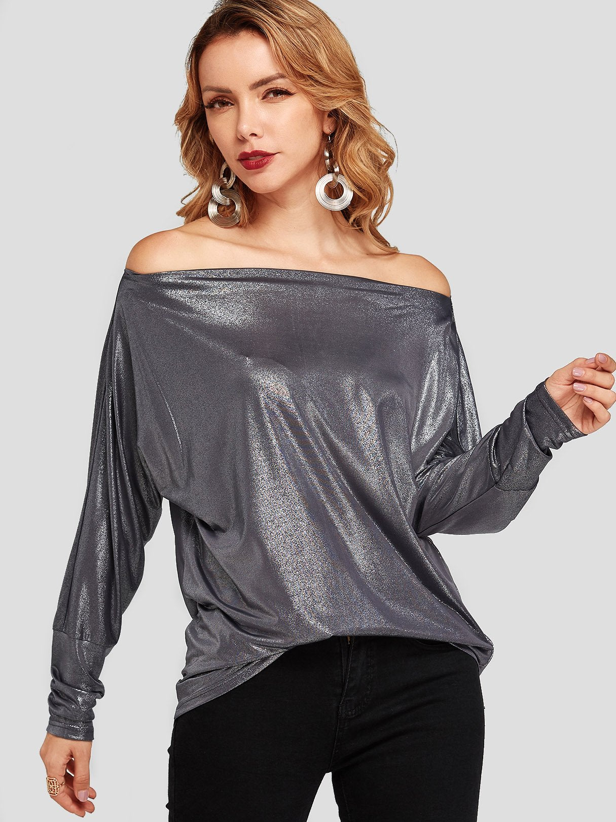 Wholesale Off The Shoulder Plain Long Sleeve Dark T-Shirts