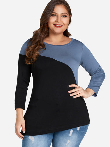 Wholesale Round Neck Plain Long Sleeve Curved Hem Plus Size Tops