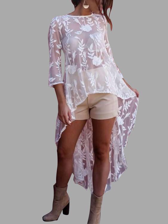 Wholesale White Long Sleeve Lace See Through High-Low Hem Dresses