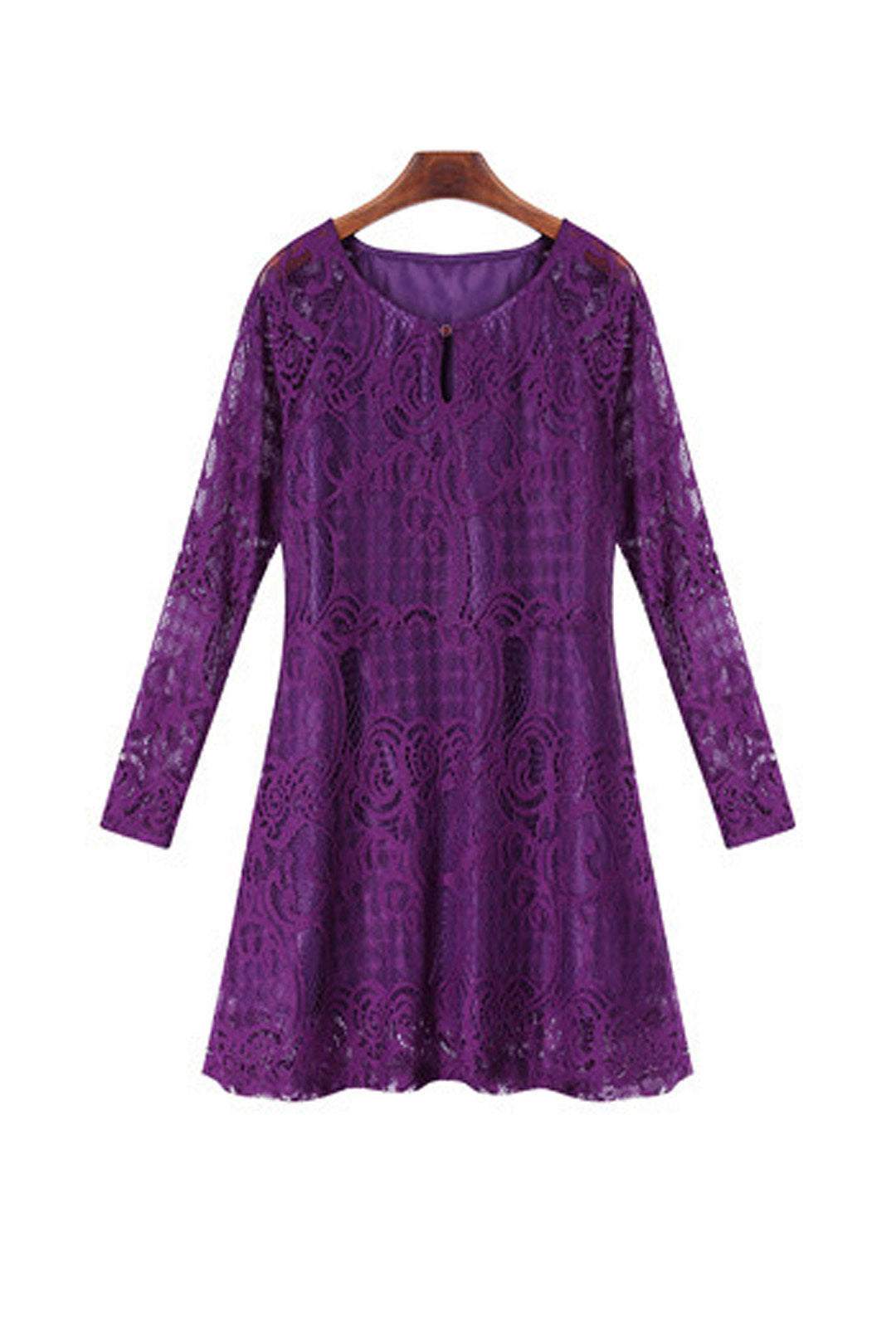 Wholesale Crew Neck Lace Long Sleeve Purple Plus Size Dresses
