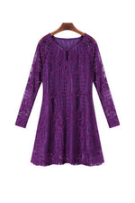 Wholesale Crew Neck Lace Long Sleeve Purple Plus Size Dresses