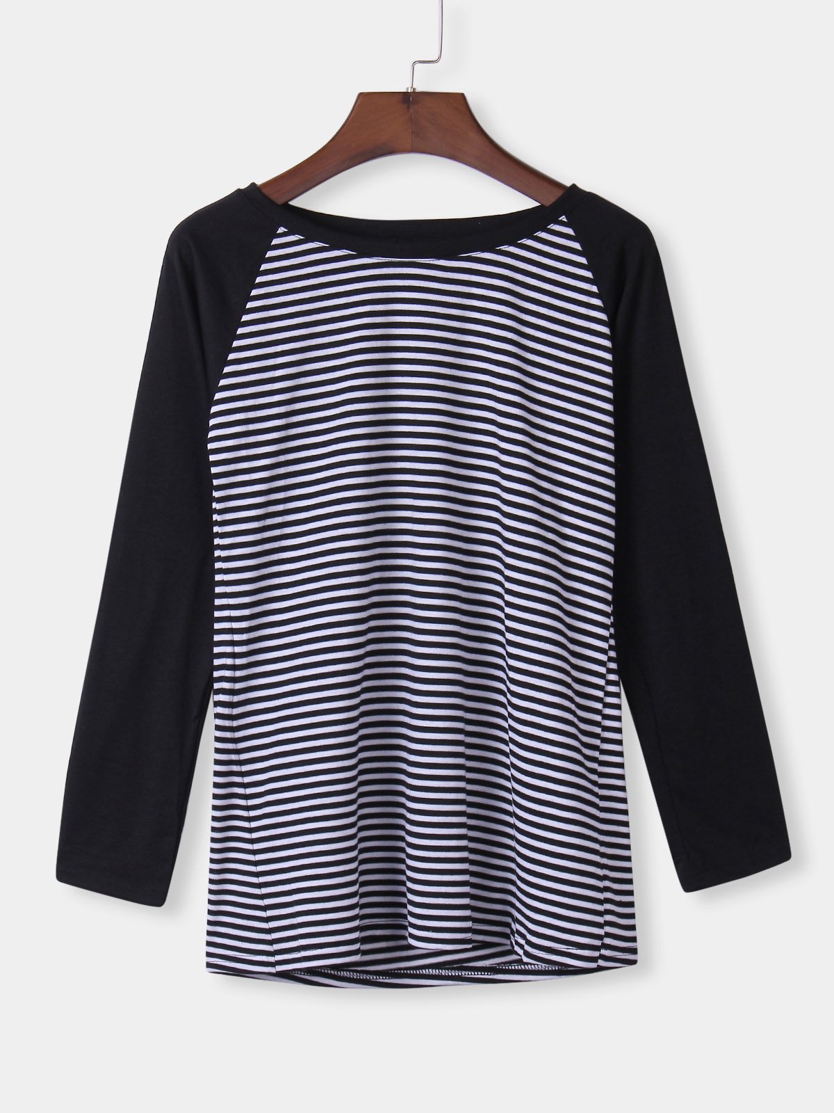 Wholesale Round Neck Stripe Long Sleeve Curved Hem Black Top