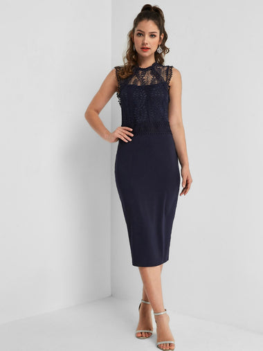 Wholesale Navy Sleeveless Lace Slit Hem Midi Dress