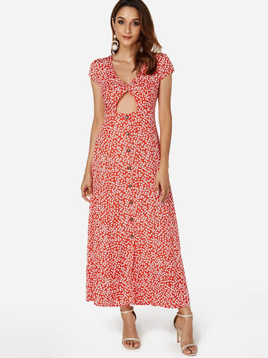 Wholesale Red V-Neck Short Sleeve Floral Print Cut Out Slit Hem Dresses