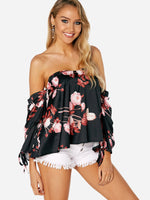 Wholesale Off The Shoulder Floral Print Lace-Up Long Sleeve Black Blouses