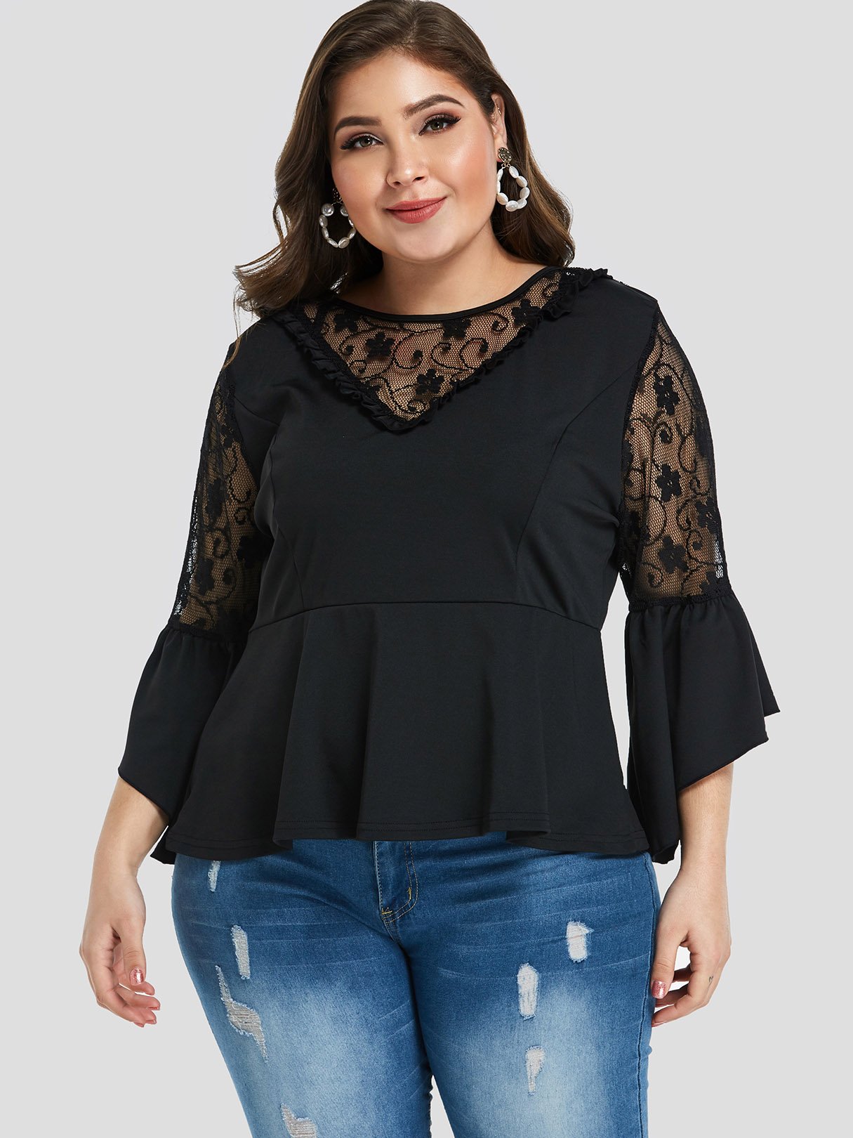 Wholesale Lace 3/4 Sleeve Black Plus Size Tops