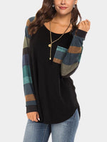 Wholesale Round Neck Stripe Side Pockets Long Sleeve Curved Hem Black T-Shirts