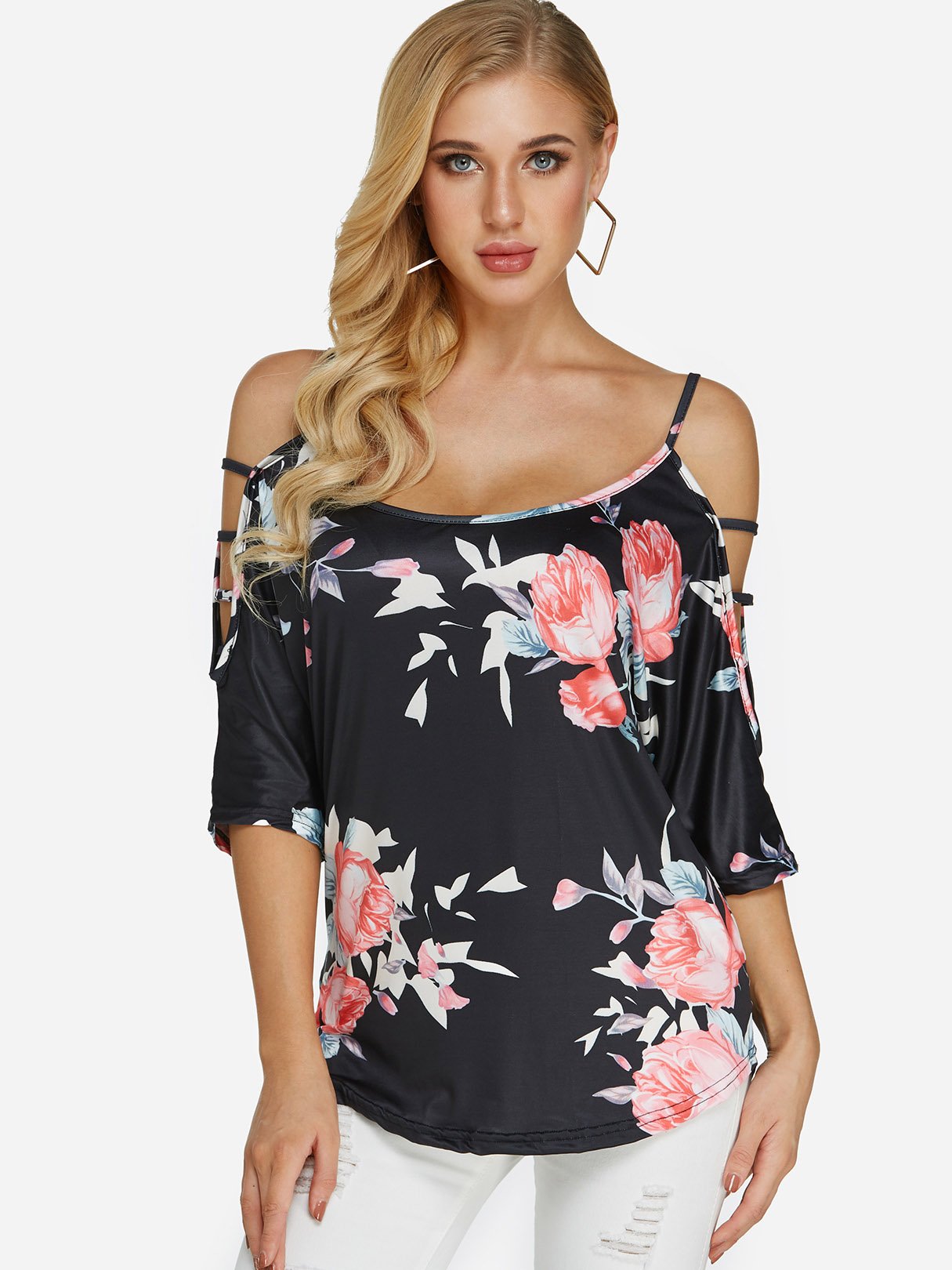 Wholesale Cold Shoulder Cut Out 3/4 Sleeve Blouses