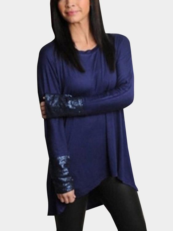 Wholesale Long Sleeve Cozy Round Neck Irregular Blue T-Shirts