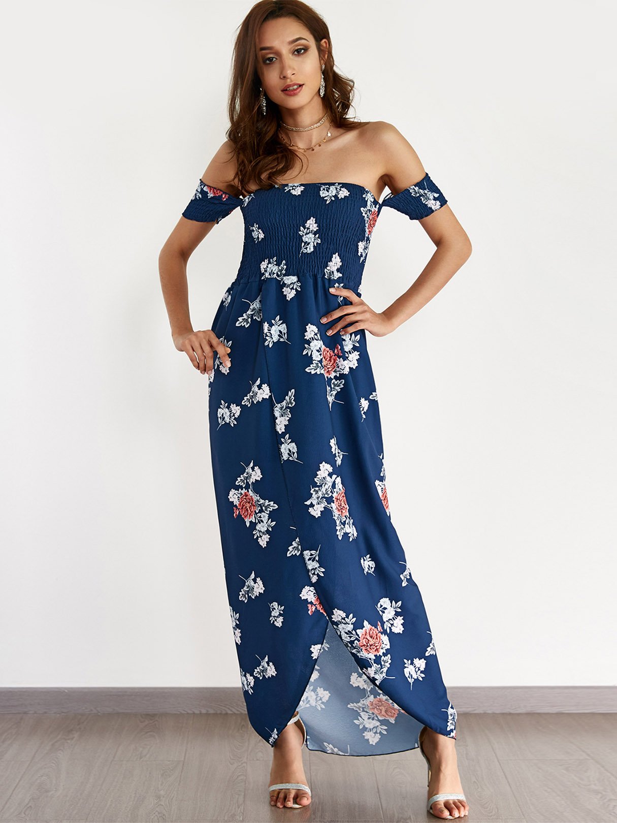 Wholesale Navy Off The Shoulder Short Sleeve Floral Print Backless Slit Hem Beach Dress