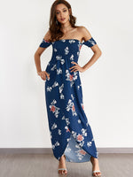 Wholesale Navy Off The Shoulder Short Sleeve Floral Print Backless Slit Hem Beach Dress