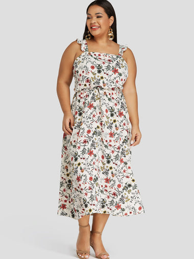 Wholesale Square Neck Floral Print Sleeveless White Plus Size Dress