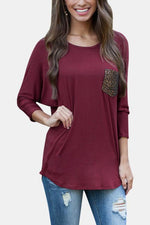 Wholesale Round Neck 3/4 Sleeve Burgundy T-Shirts