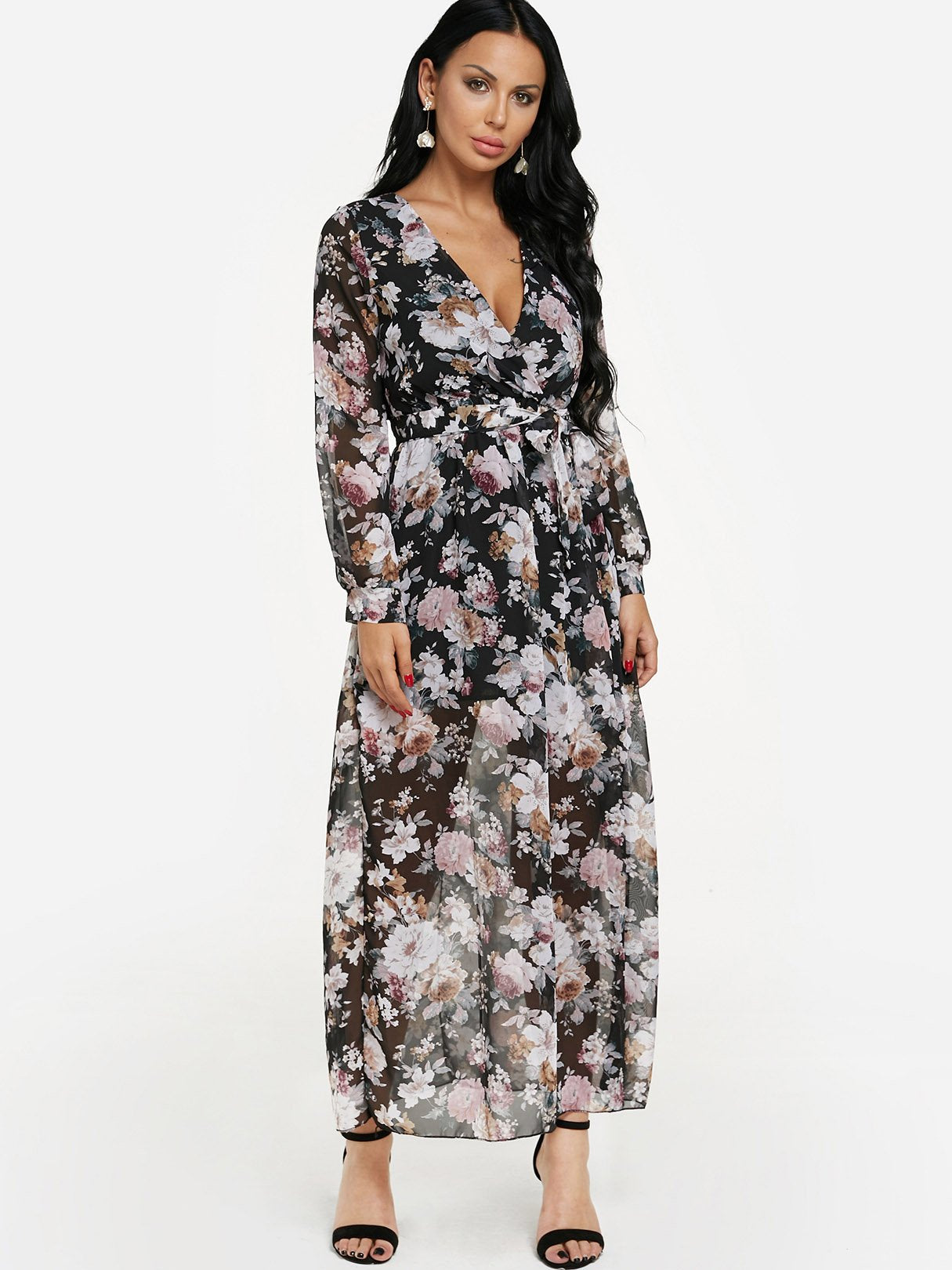 Wholesale V-Neck Long Sleeve Floral Print Self-Tie Flounced Hem Black Maxi Dress