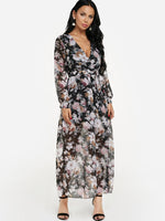 Wholesale V-Neck Long Sleeve Floral Print Self-Tie Flounced Hem Black Maxi Dress