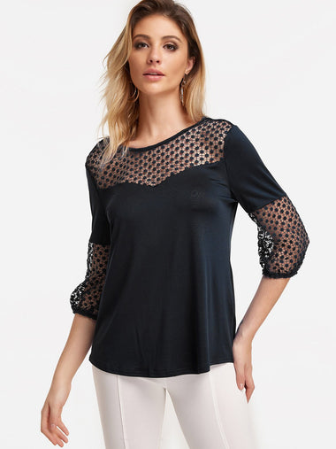Wholesale Round Neck Lace Hollow 3/4 Sleeve Black Blouses