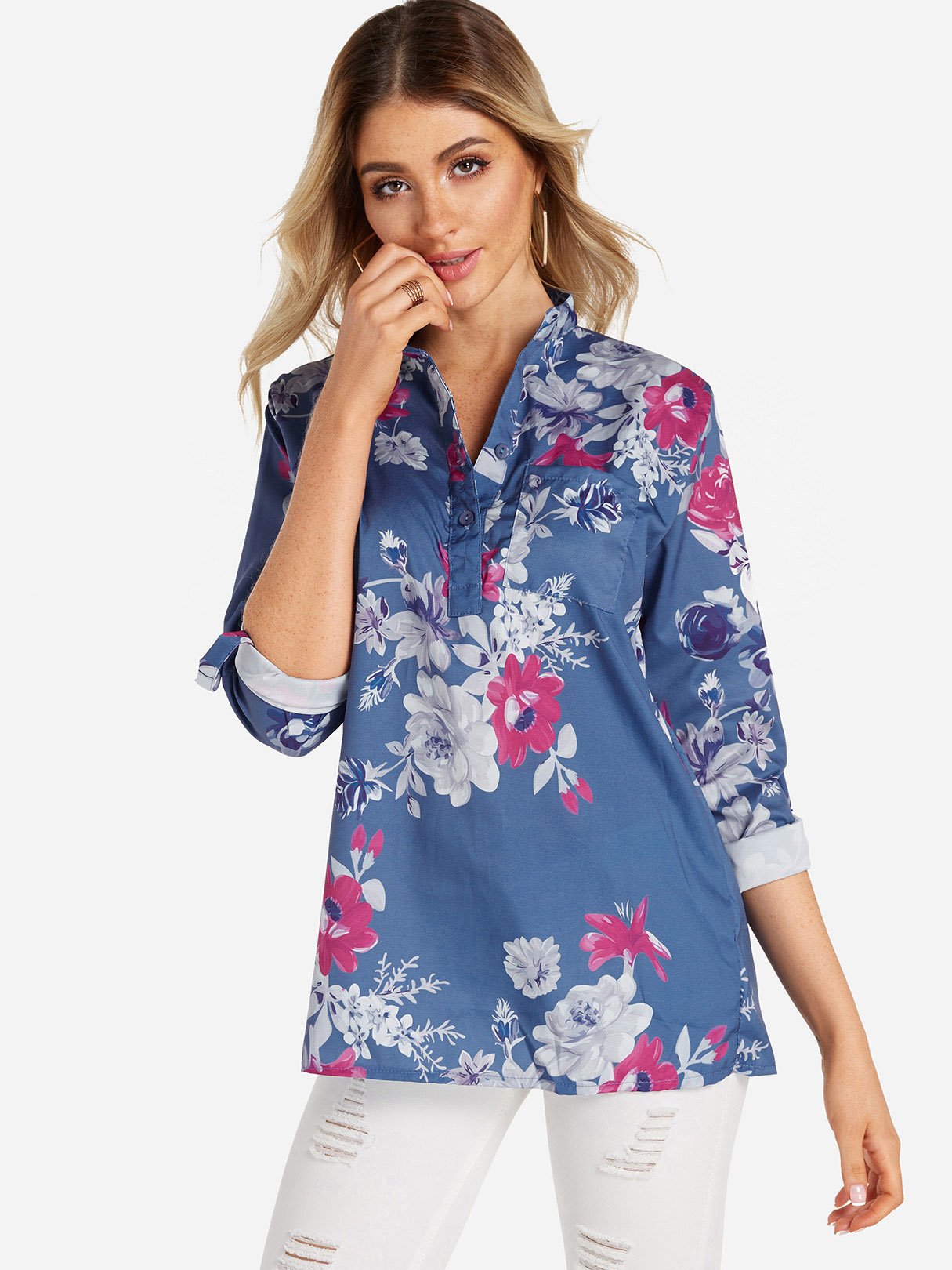 Wholesale V-Neck Floral Print Side Pockets 3/4 Sleeve Blouses