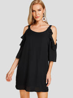 Wholesale Black Round Neck Cold Shoulder Half Sleeve Plain Zip Back Ruffle Hem Sexy Dress