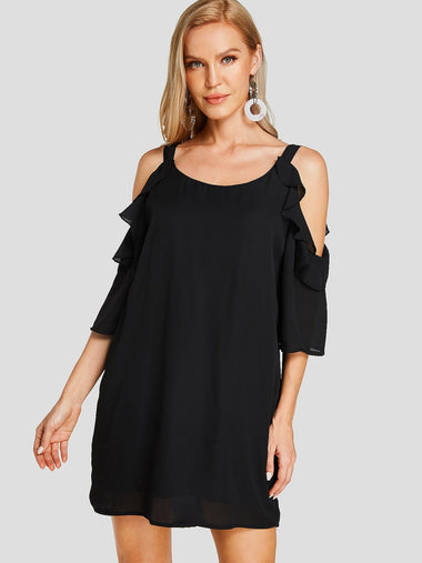 Wholesale Black Round Neck Cold Shoulder Half Sleeve Plain Zip Back Ruffle Hem Sexy Dress