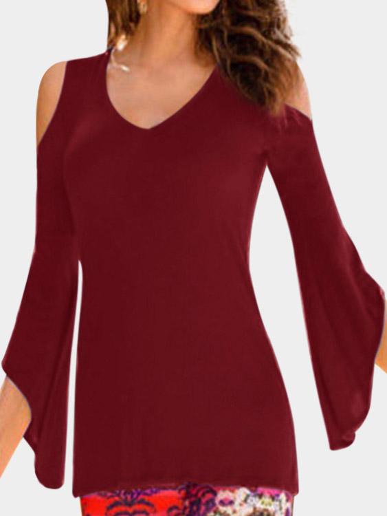 Wholesale Round Neck Cold Shoulder Plain Long Sleeve T-Shirts