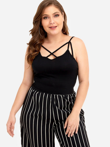 Wholesale Plain Backless Criss-Cross Sleeveless Black Plus Size Tops