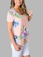 Wholesale Round Neck Floral Print Crossed Front Short Sleeve T-Shirts