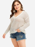 Wholesale V-Neck Plain Long Sleeve White Plus Size Tops