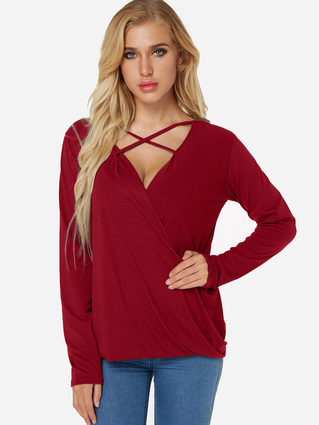 Wholesale V-Neck Plain Crossed Front Pleated Long Sleeve Irregular Hem Red T-Shirts