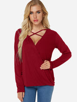 Wholesale V-Neck Plain Crossed Front Pleated Long Sleeve Irregular Hem Red T-Shirts