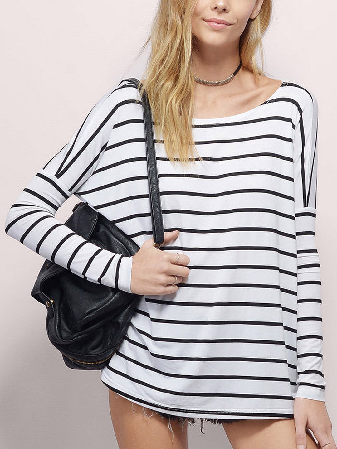 Wholesale Crew Neck Round Neck Stripe Long Sleeve White Top