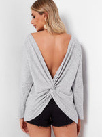 Wholesale Round Neck Crossed Front Backless Long Sleeve Grey Top