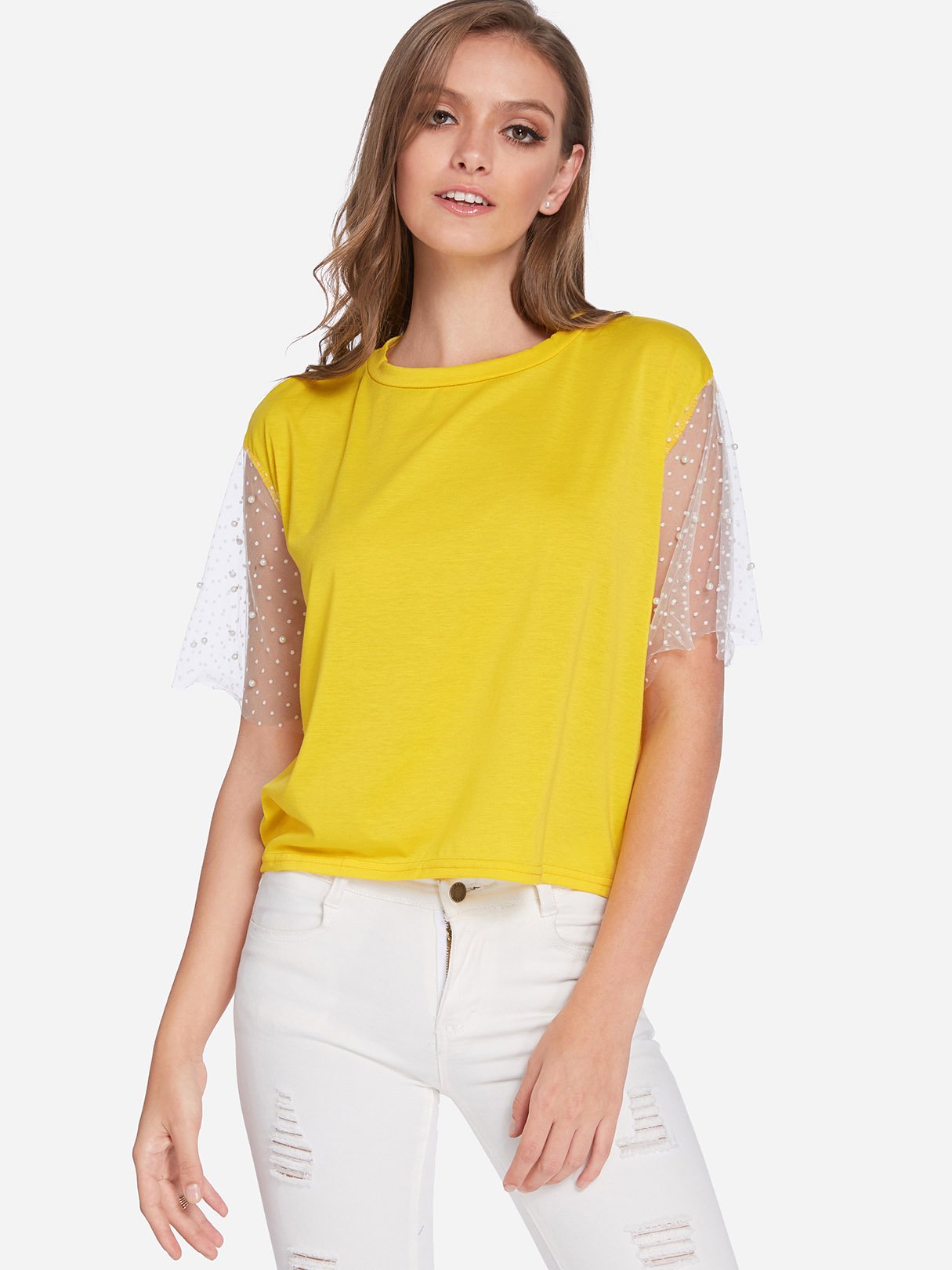 Wholesale Round Neck Polka Dot Half Sleeve Yellow T-Shirts
