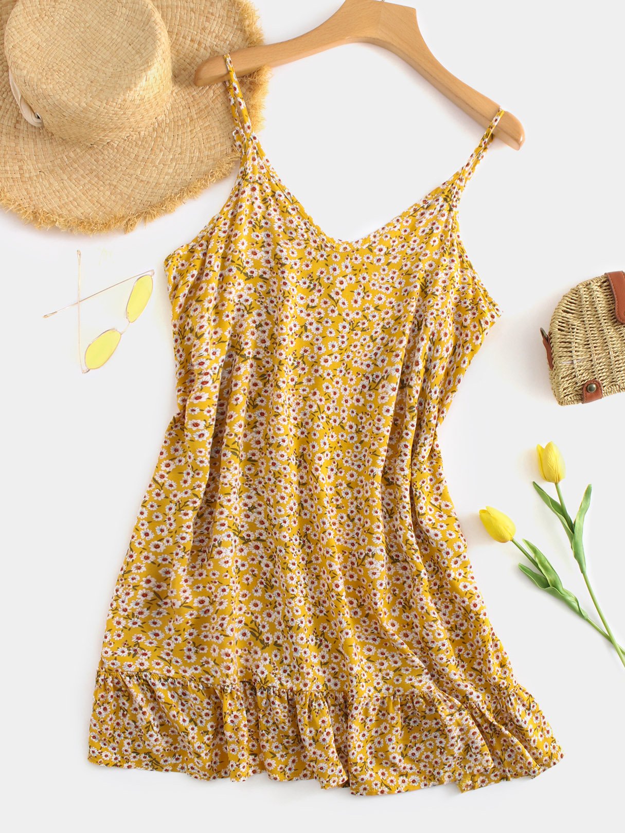 Wholesale V-Neck Sleeveless Backless Flounced Hem Dresses