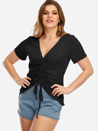 Wholesale V-Neck Plain Pleated Short Sleeve Curved Hem Black Plus Size Tops